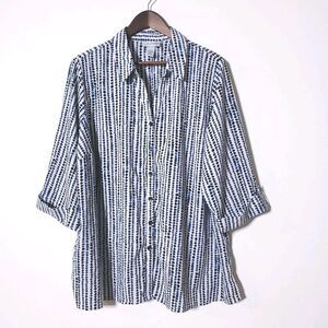 Catherines Top Sz 1X Polka Dot Button Up Blue White 3/4 Cuff Sleeves Womens